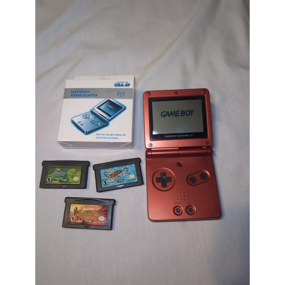 Nintendo Game Boy Advance SP AGS-001 Red Handheld System W/ Cord & 3 Games